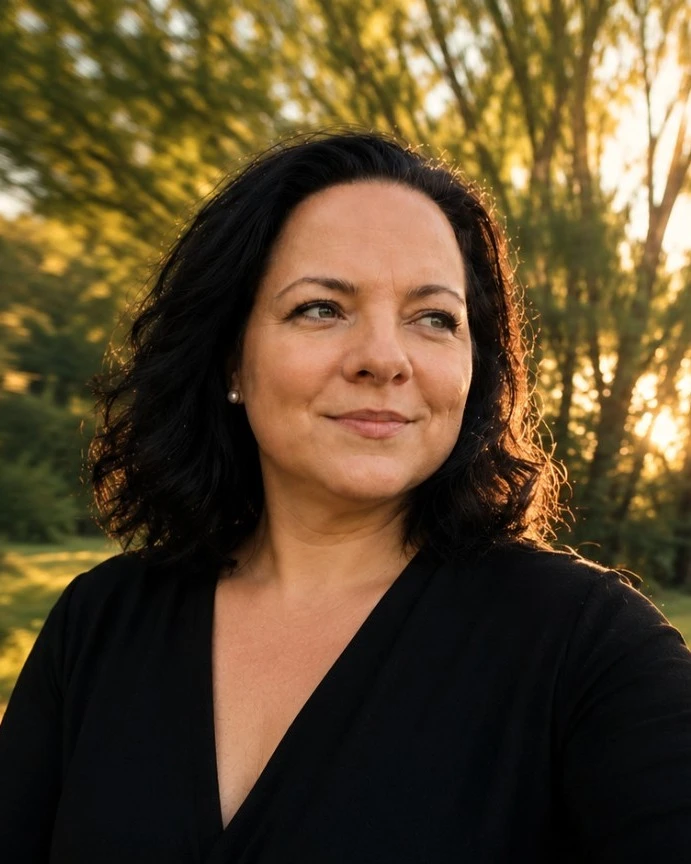 Katarzyna Kot, uśmiechnięta, na tle rozmytych drzew w złotym świetle zachodzącego słońca